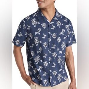VINCE ikat floral print cabana button up short sleeve blue size M
